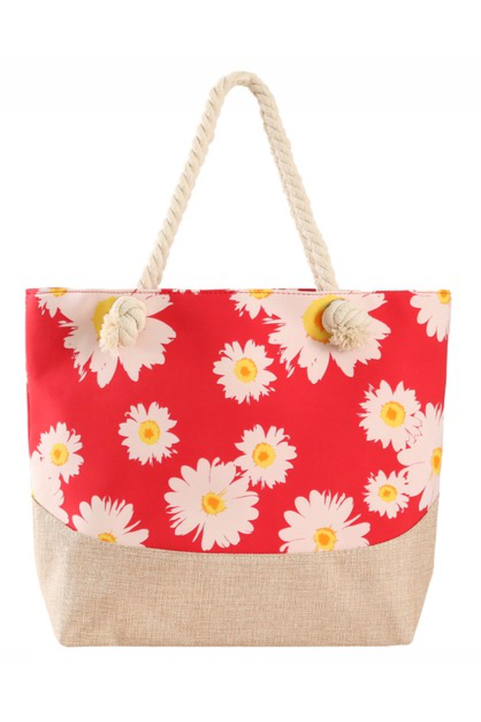 Tote bag with daisy pattern on a red background