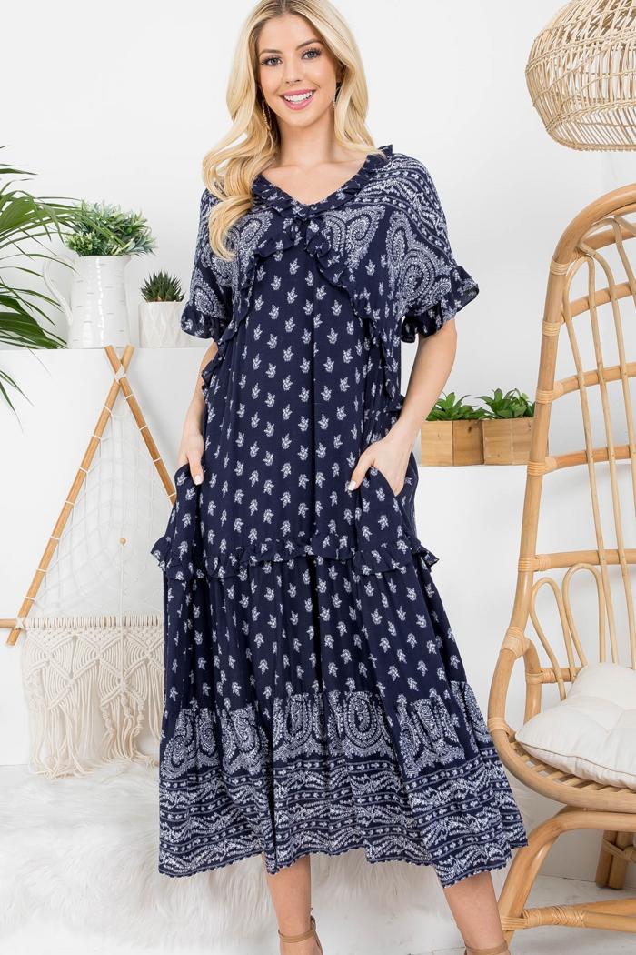 Navy Paisley Print Baby Doll Dress