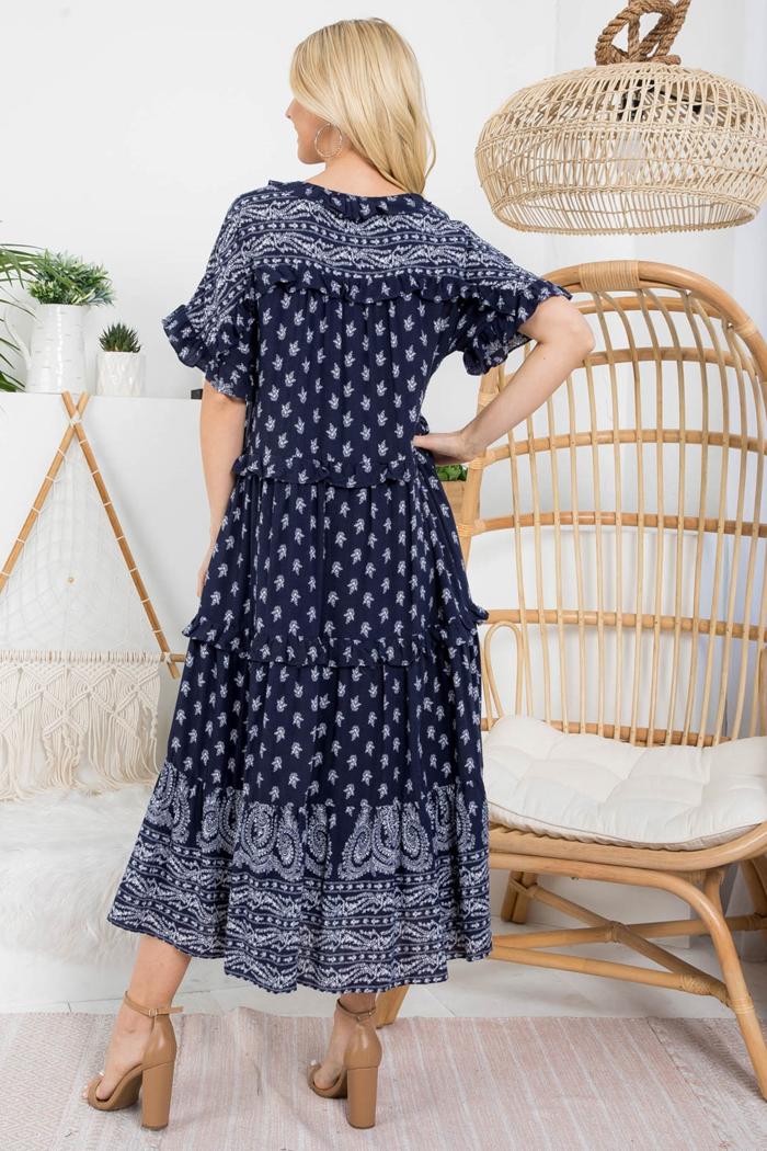 Navy Paisley Print Baby Doll Dress