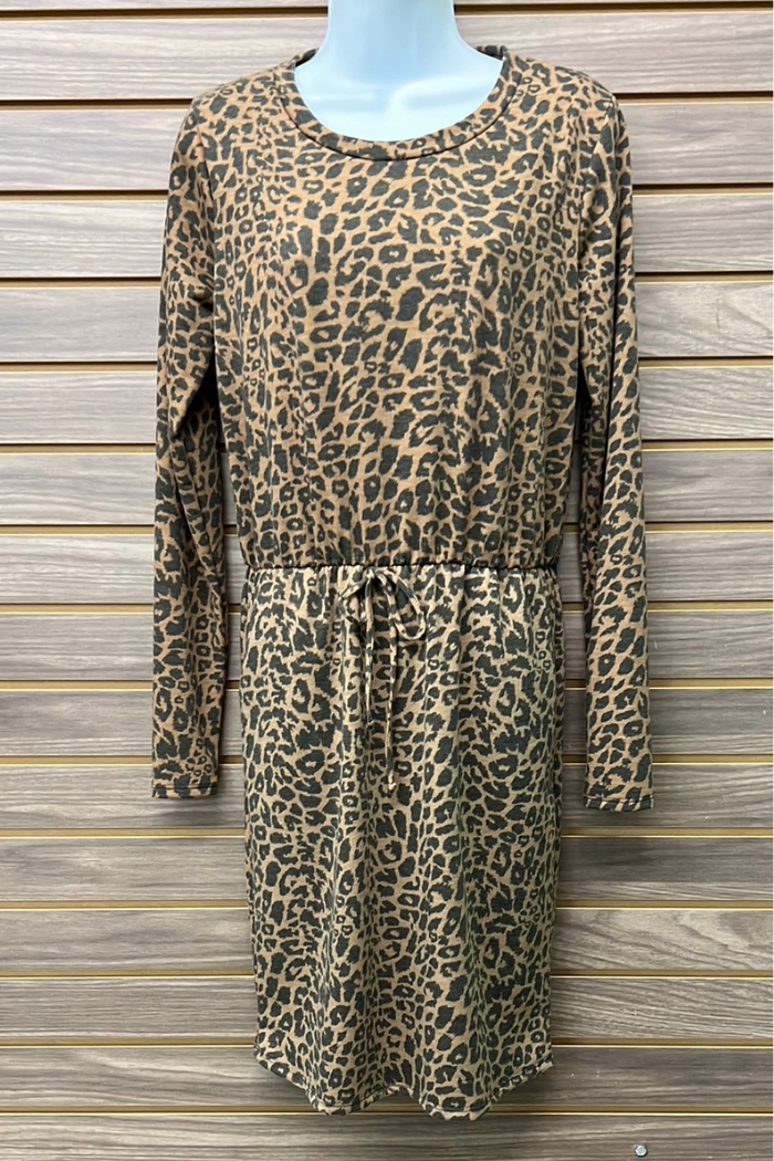 Long sleeved leopard dress tie at waist
