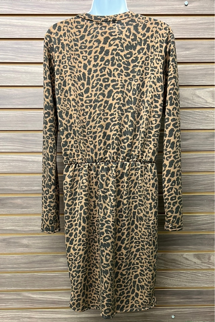 Long sleeved leopard dress tie at waist