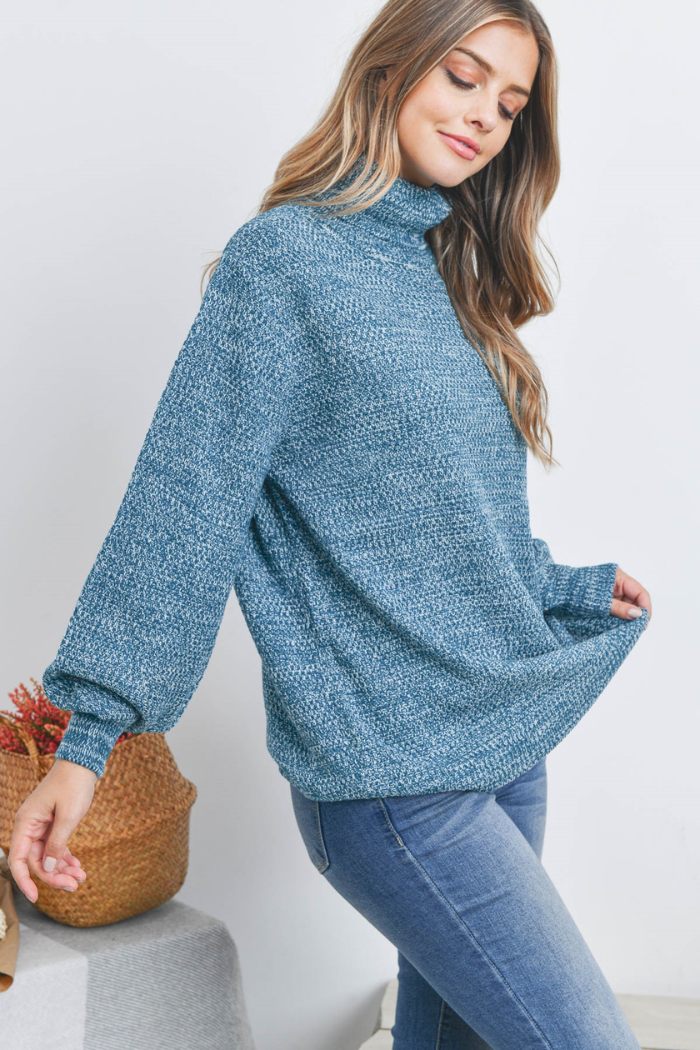 Turtleneck Melange Balloon Sleeve Sweater
