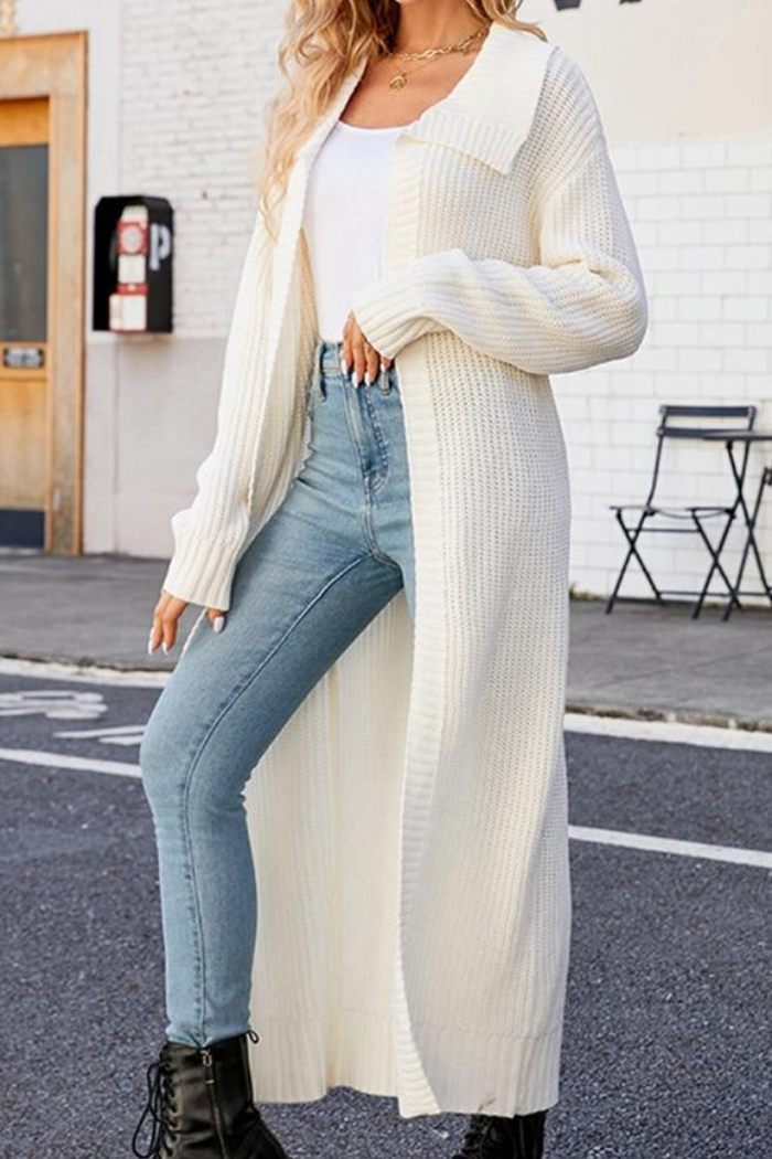 Plus Women Waffle Knit Lapel Long Length Cardigan