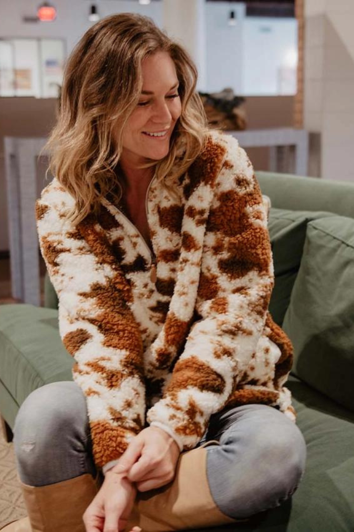 Brown Cow Print Sherpa Pullover