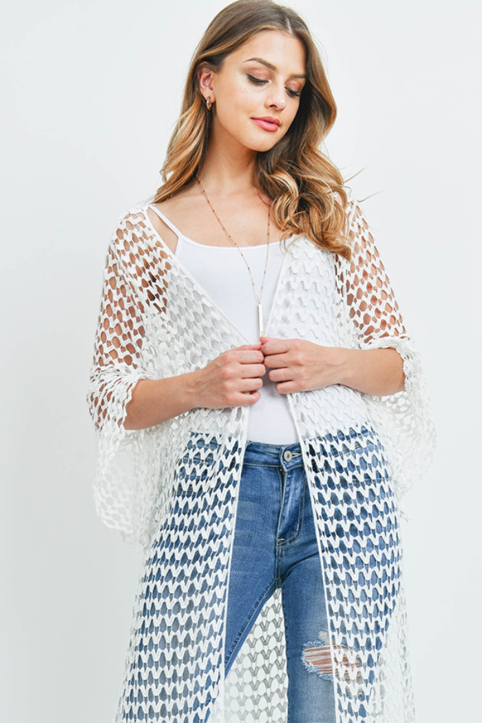Long crocheted open cardigan