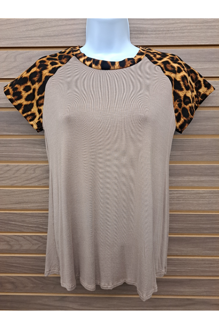 Leopard sleeve solid bodice tee