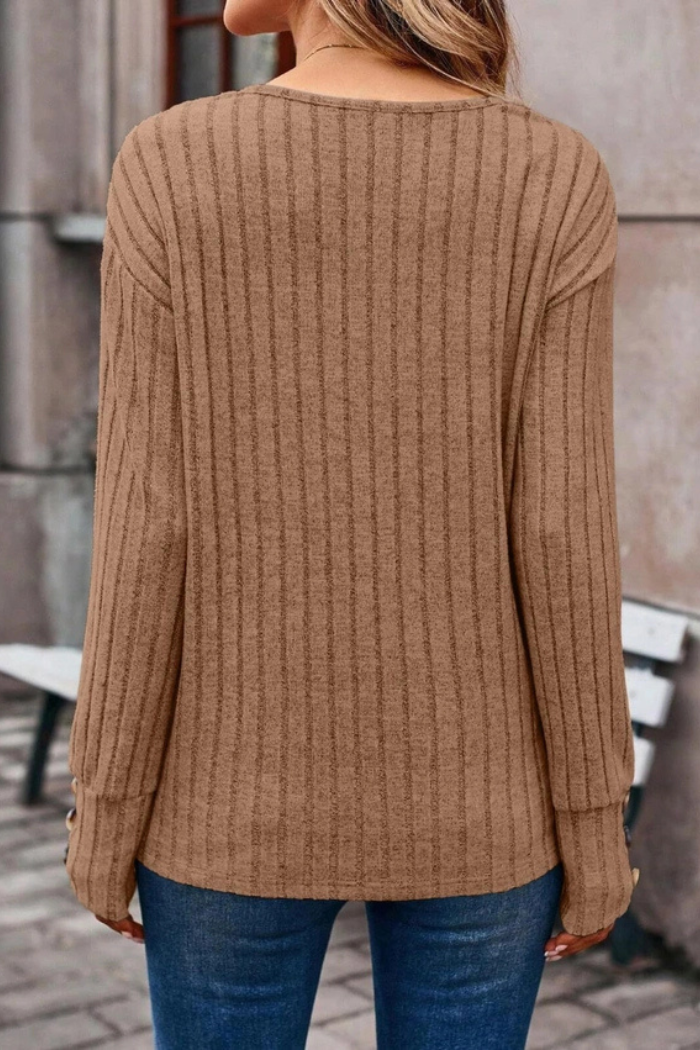 Long Sleeve V-Neck Shirt Button Up T-Shirt