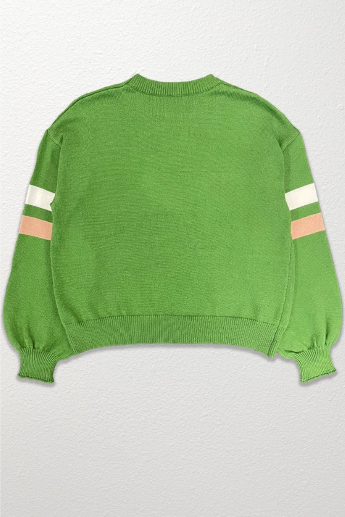 The image shows the back of a green Miss Sparkling Football Knit Sweater. It has stripes on the sleeves.