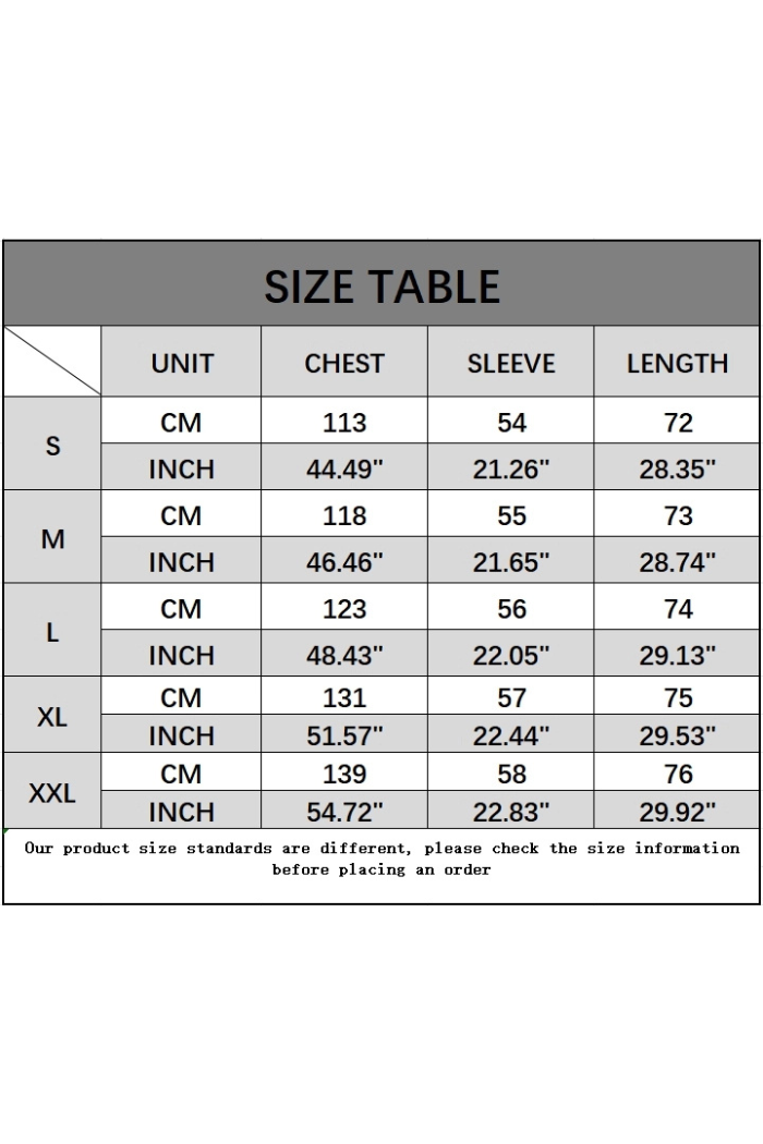 Size chart for clothing with measurements in centimeters and inches.