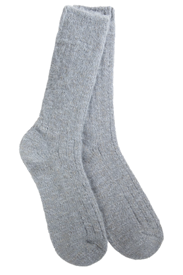 A pair of cozy, light grey "World's Softest Socks" Weekend Ragg Feather Crew socks, standing upright against a white background.