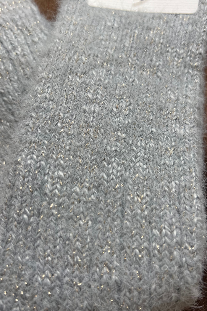 Close-up of light grey crew sock.