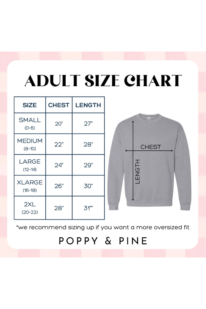 Adult size chart for a sweatshirt with measurements and a gray sweatshirt on a white background.