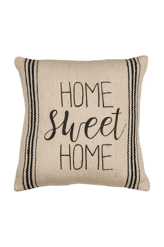 A decorative, square throw pillow with a neutral, possibly cream or beige, fabric. The pillow features the phrase "HOME Sweet HOME" in a black, rustic-style font, with the word "Sweet" in a script font. Black vertical stripes adorn both the left and right sides of the pillow.