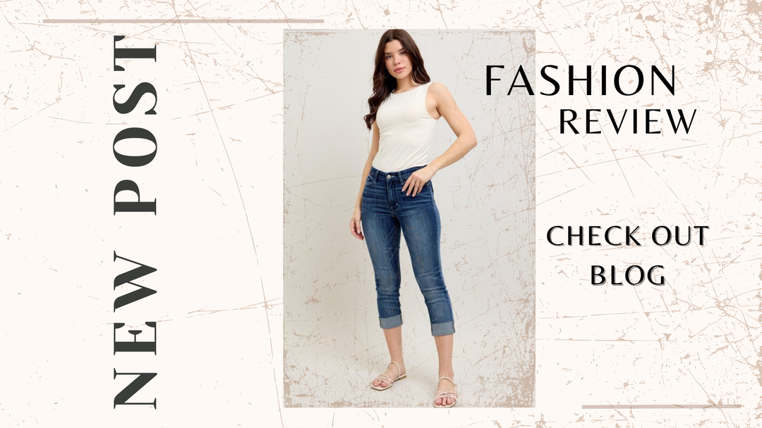 The image shows a woman modeling a white tank top and dark wash cuffed capri jeans. The text on the image indicates it is a fashion review and promotes a blog. These are likely Judy Blue brand capri jeans, which are popular for their comfort and style.