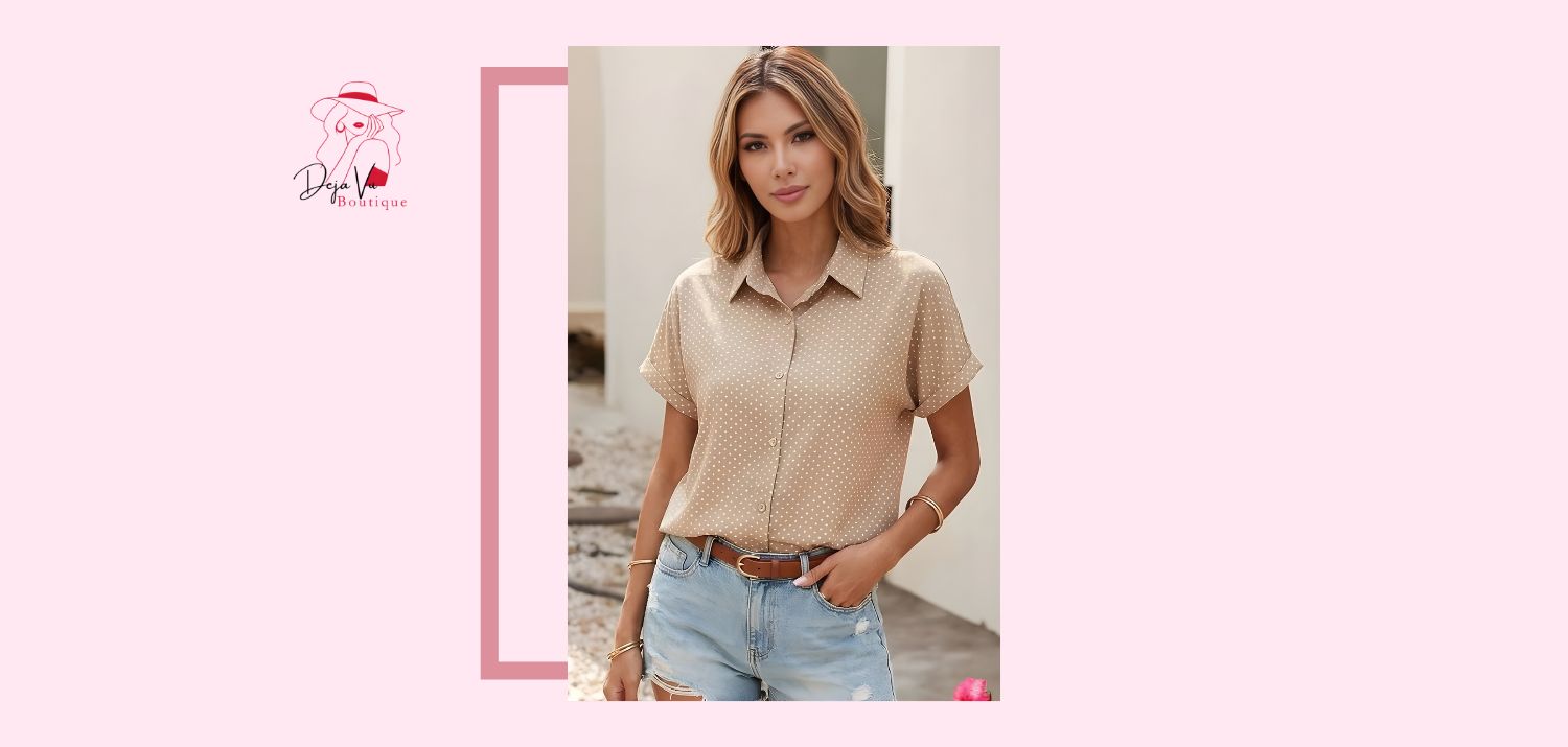 Woman wearing a beige shirt and blue jeans standing in a room with pink border and logo.
