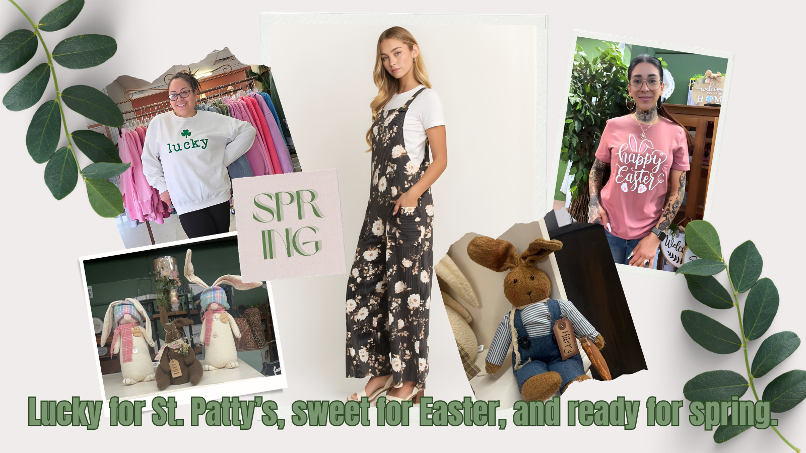Collage of people wearing spring-themed clothing with text overlay on a light background.