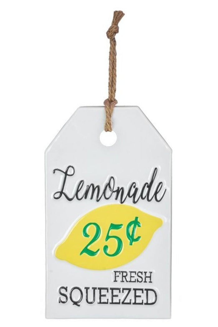 The image shows a lemonade sign with the words "Lemonade," "25¢," and "Fresh Squeezed." It is designed to look like a tag and has a string at the top for hanging. 
