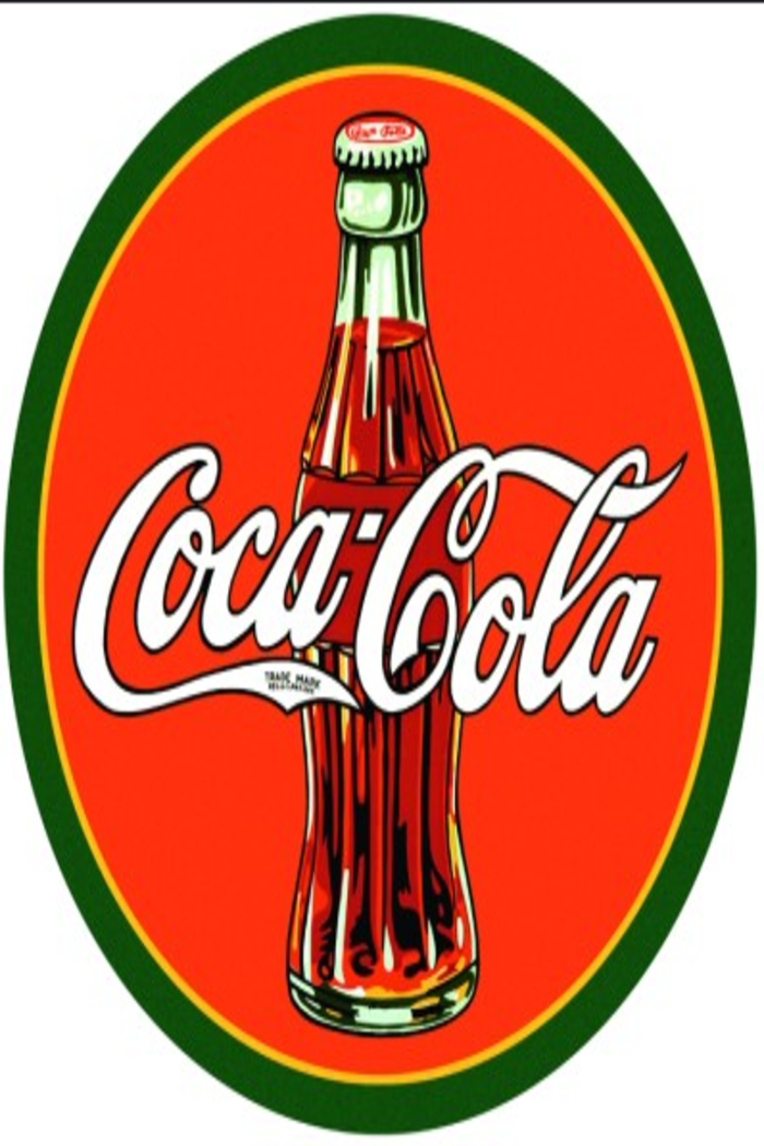 A round red sign with a green border featuring a classic Coca-Cola bottle in the center and the "Coca-Cola" script logo in white. The bottle is amber-colored with red liquid inside, and the logo is written across the middle of the sign. The sign has a vintage or retro aesthetic. 