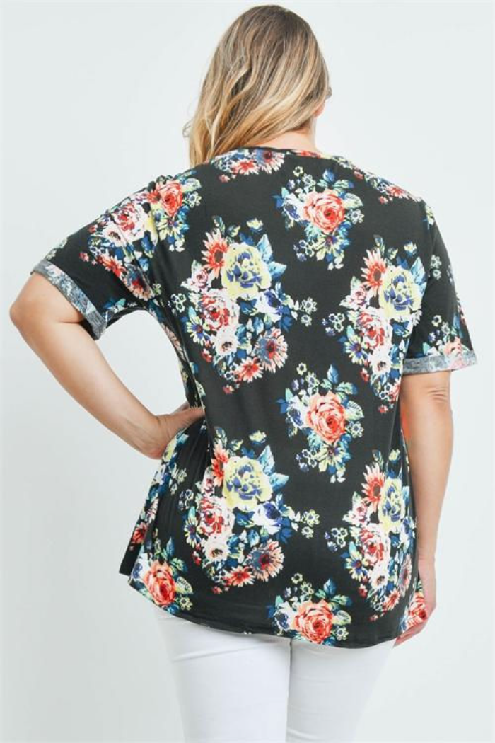Black Floral Chest Pocket Top