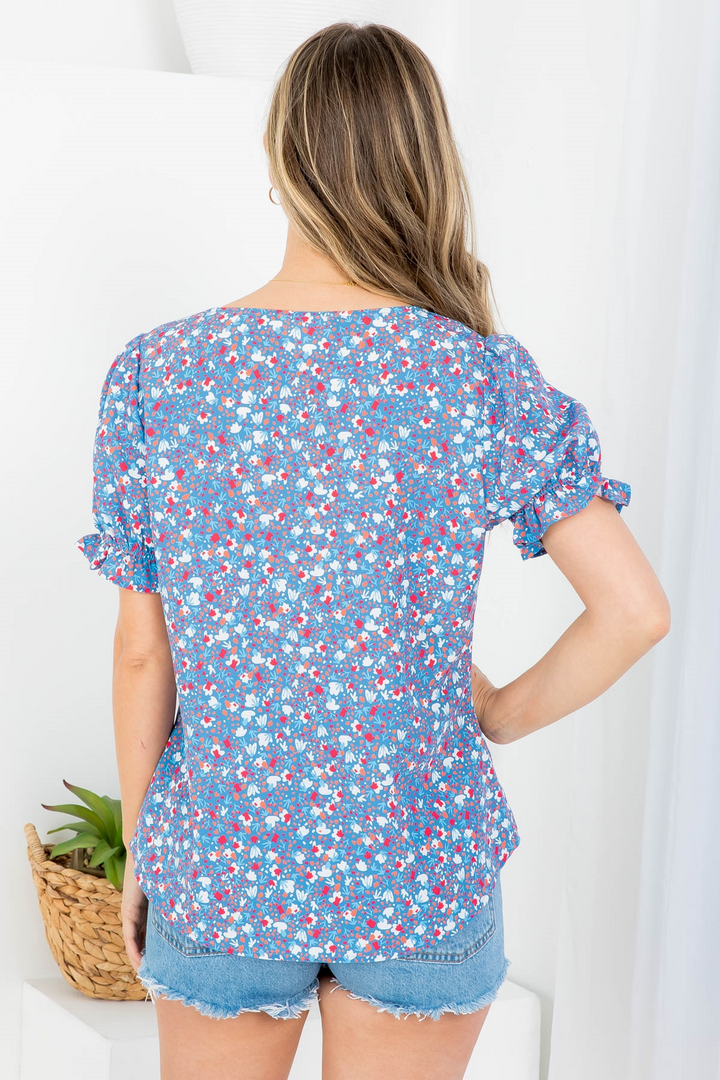 Blue Floral Print Square Neckline Button Down Puffed Sleeve Top