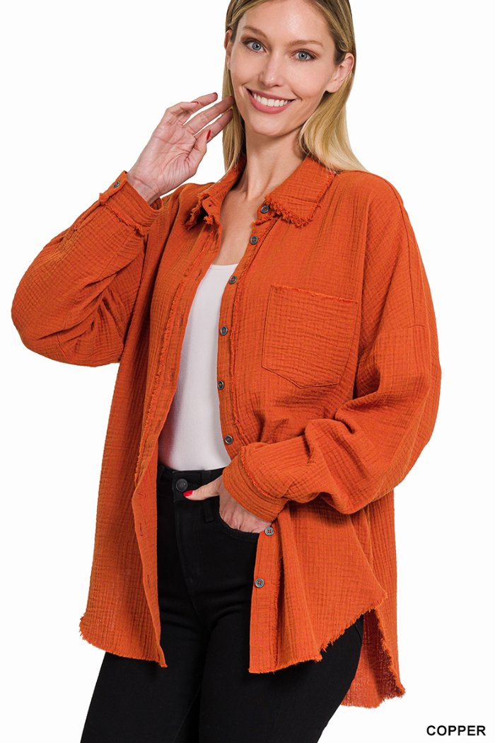 Double Gauze Oversized Raw Edge Shirt