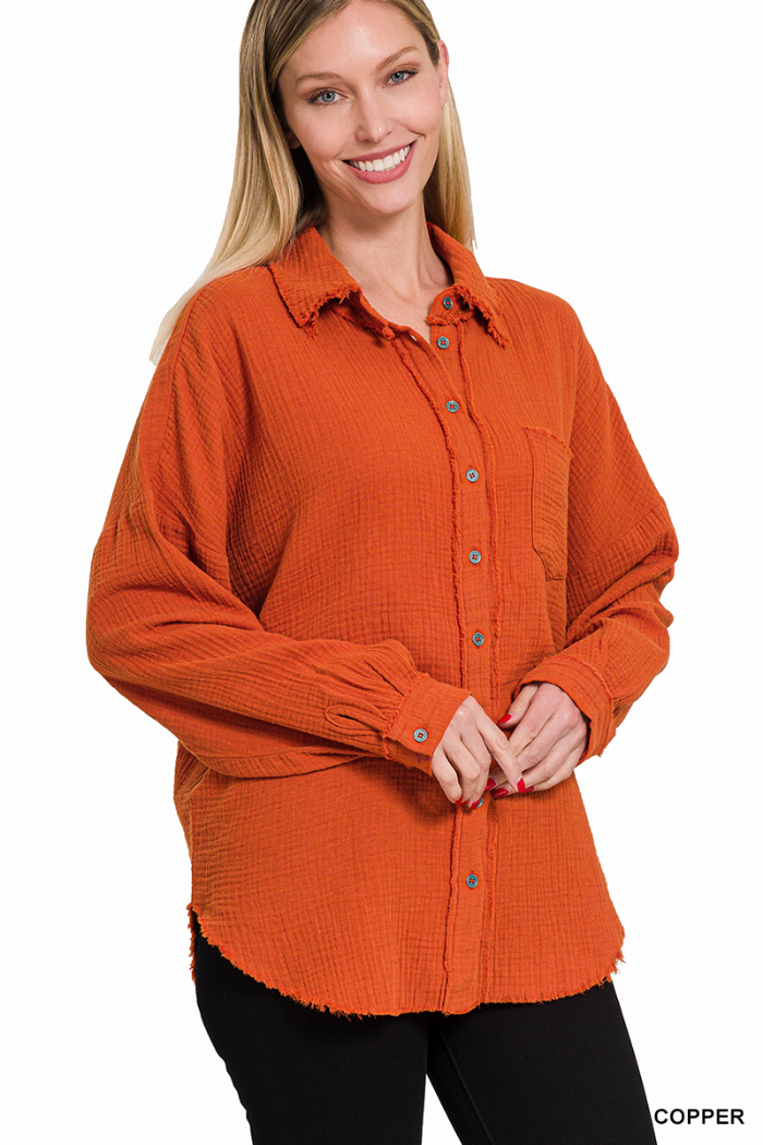 Double Gauze Oversized Raw Edge Shirt
