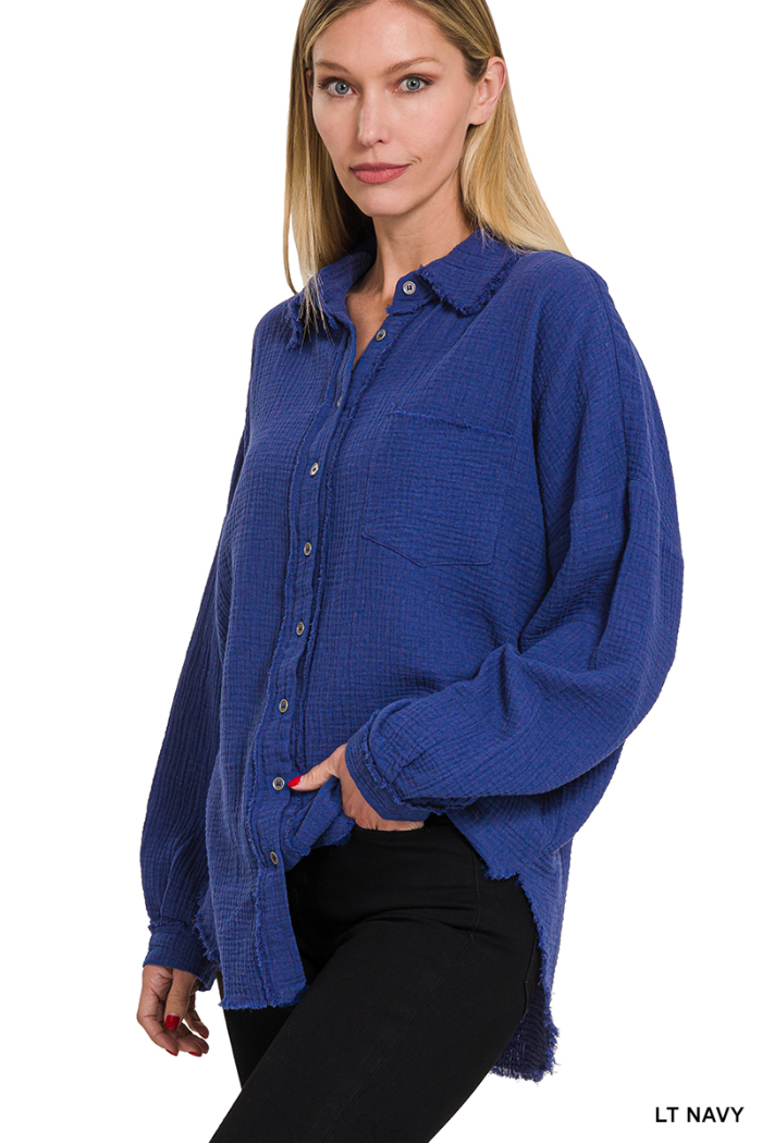 Double Gauze Oversized Raw Edge Shirt