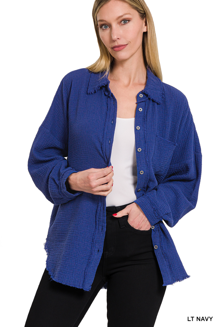 Double Gauze Oversized Raw Edge Shirt