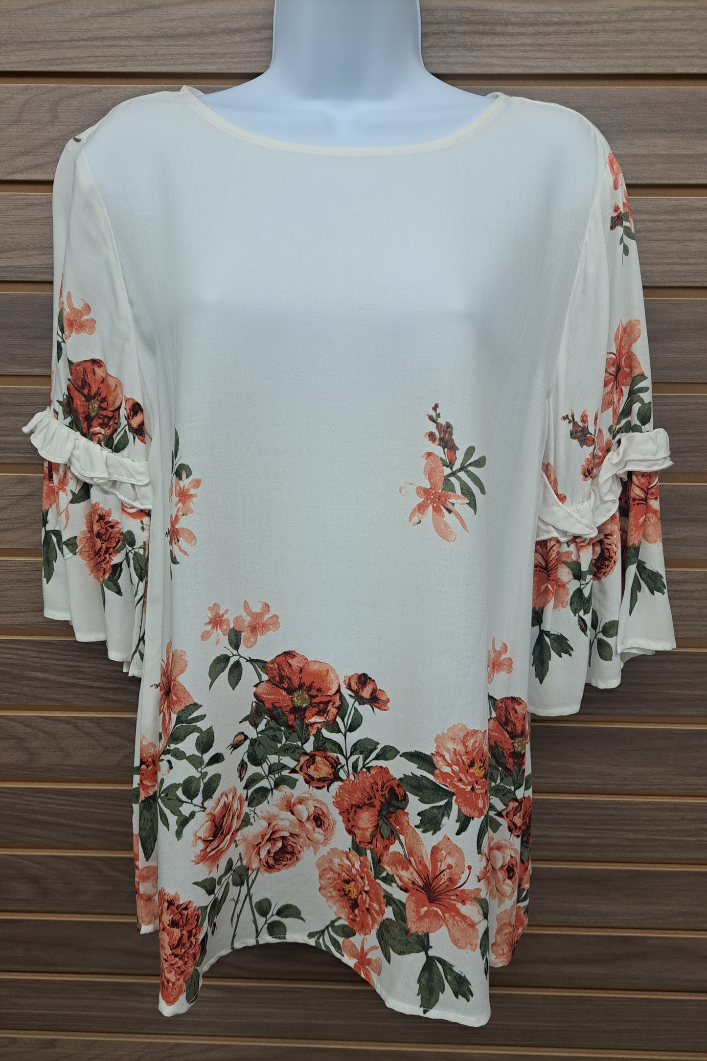 Cream floral ruffle sleeve single button back