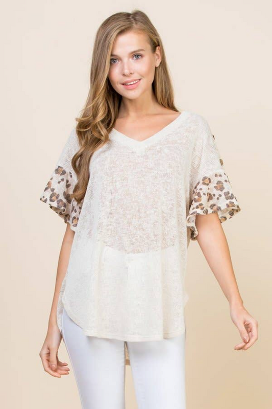 Lace Button Trim V Neck Top