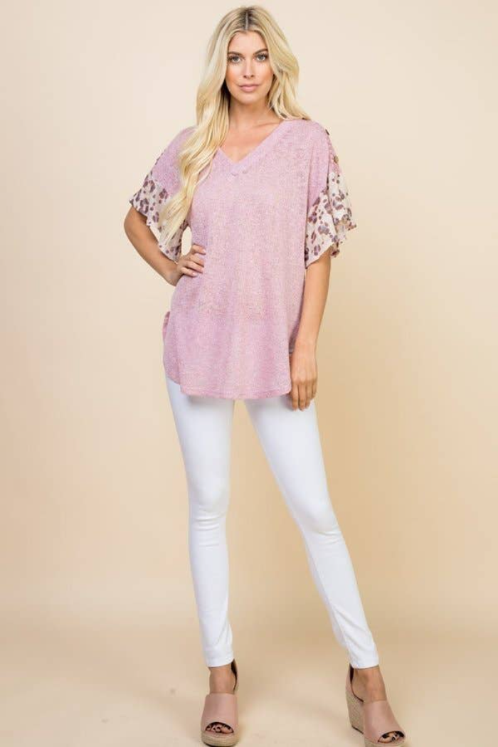 Lace Button Trim V Neck Top