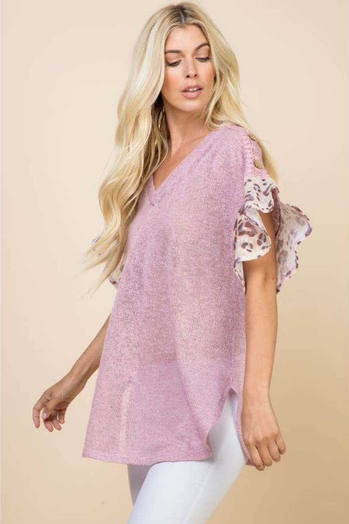 Lace Button Trim V Neck Top