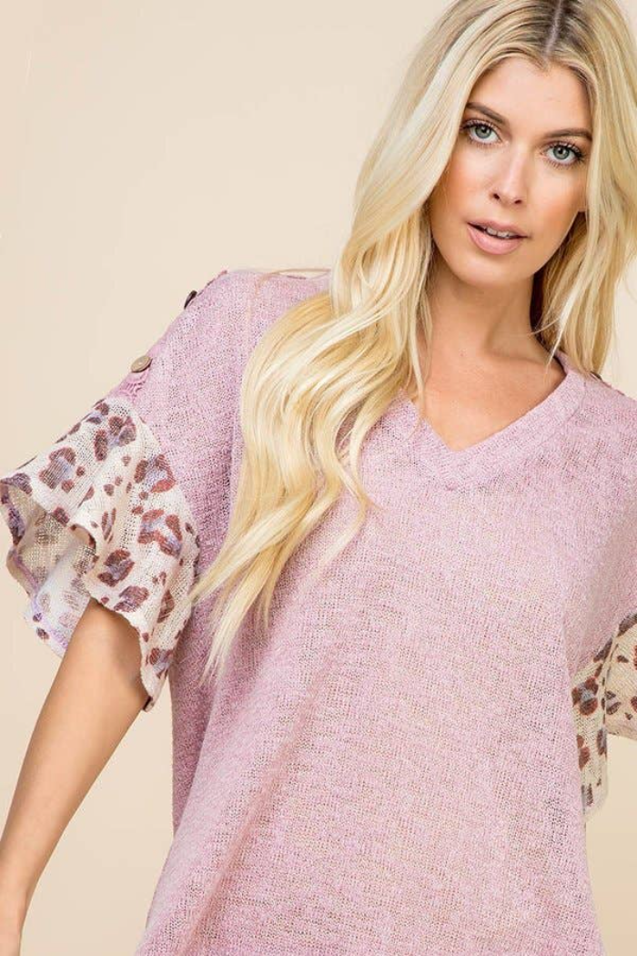 Lace Button Trim V Neck Top