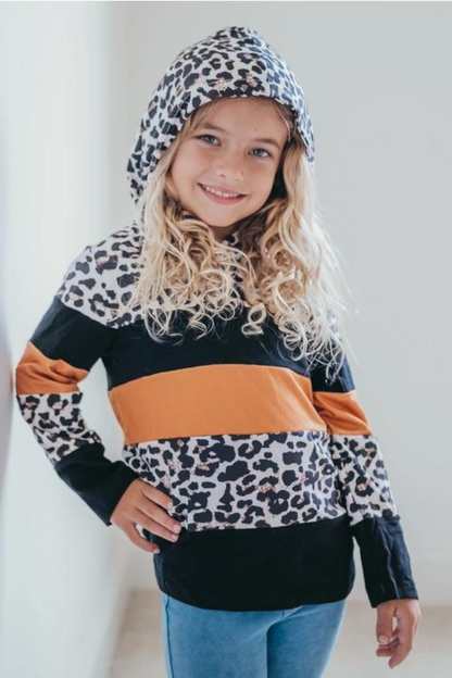 Kids Rust Black & Leopard Print Fall Winter Hoodie Shirt