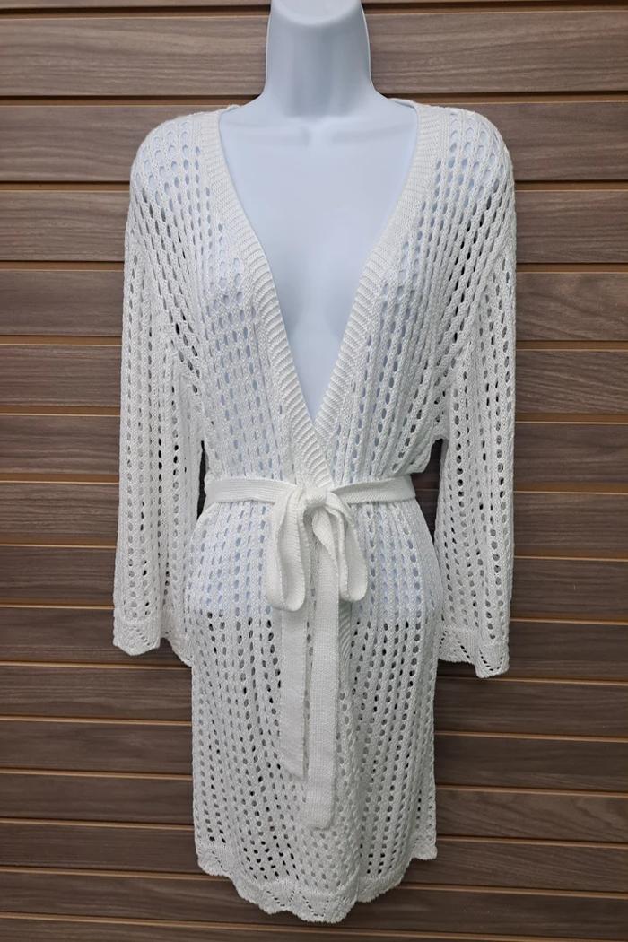 White Crocheted Sweater With Tie