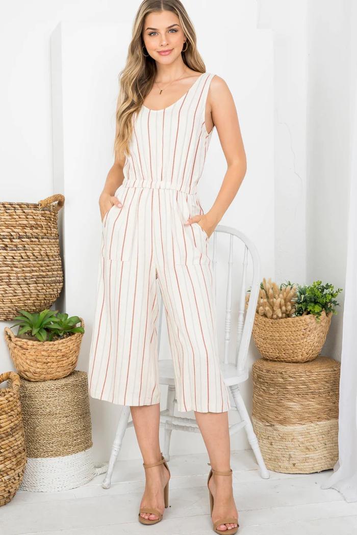 Vertical Stripe Print Scooped Neckline With Side Pocket Jumpsuit