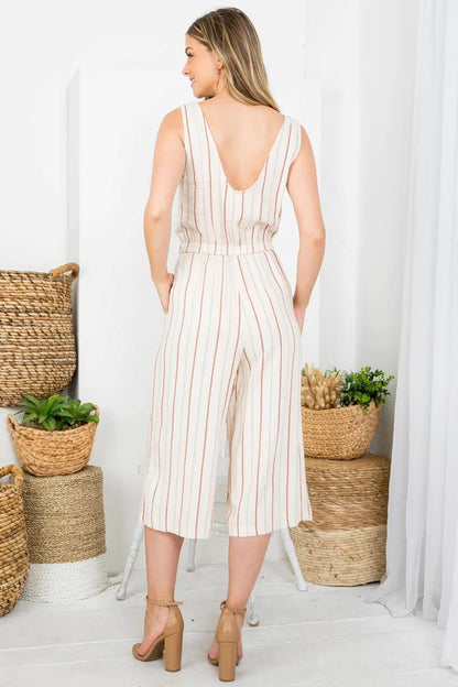 Vertical Stripe Print Scooped Neckline With Side Pocket Jumpsuit