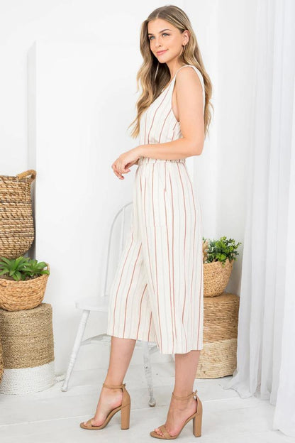 Vertical Stripe Print Scooped Neckline With Side Pocket Jumpsuit