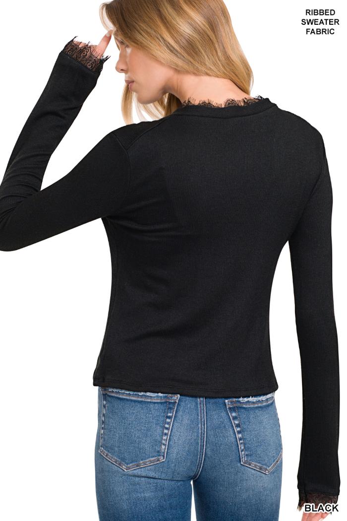 V Neck Lace Long Sleeved Top