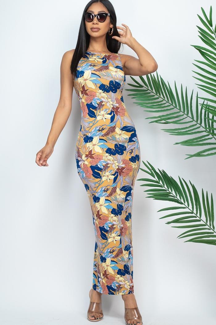 Tropical Print Dress Low Back Long Sleeveless