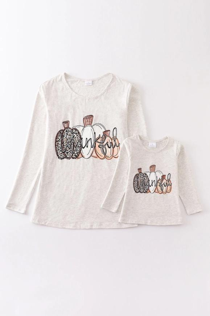 Grey Thankful Pumpkin Top Mommy & Me "Girls"