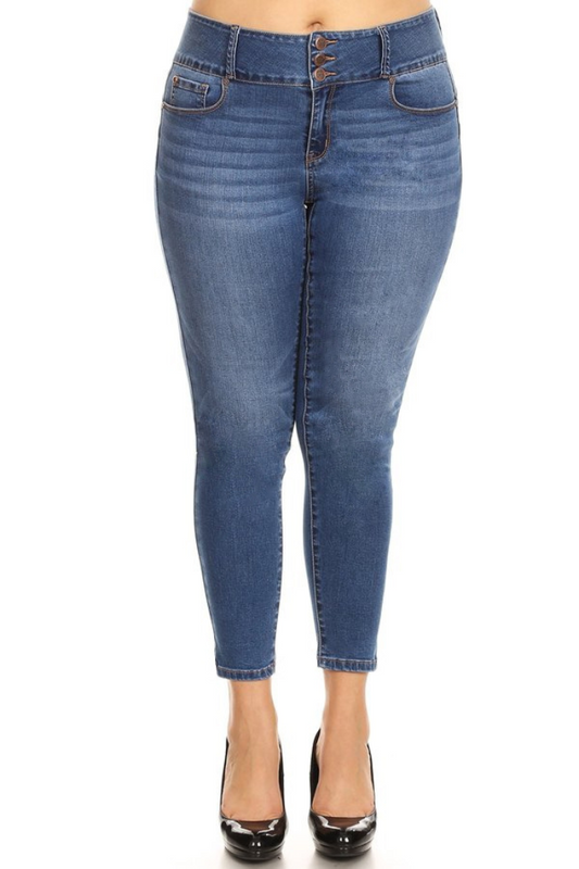 Plus size push up three button jeans