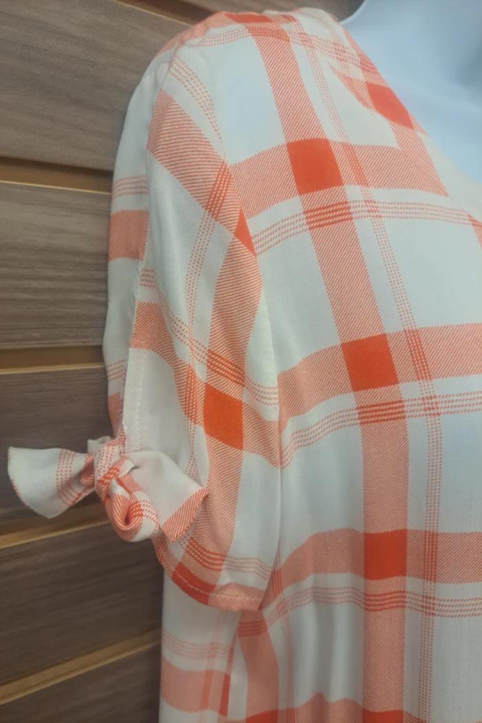 Tied short sleeve orange plaid linen