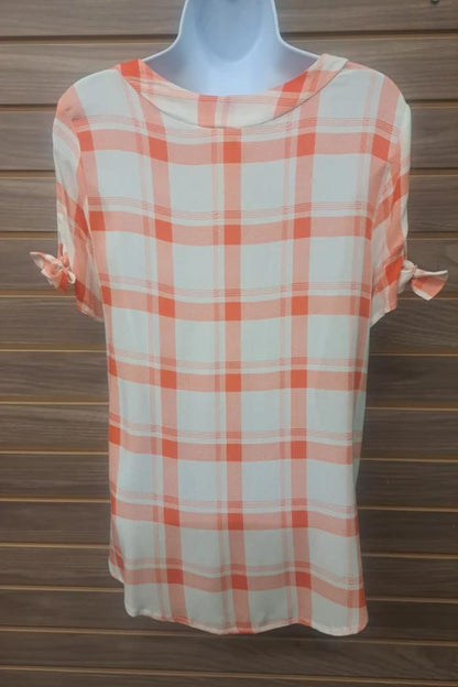 Tied short sleeve orange plaid linen