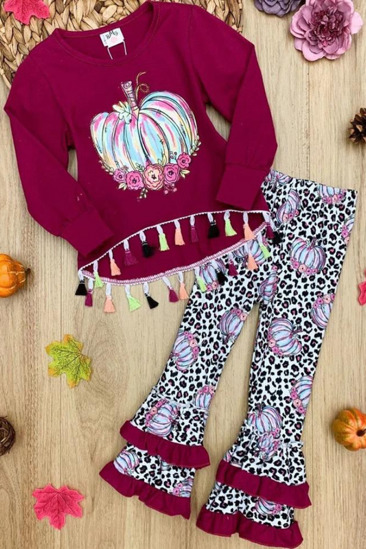 Girls Pumpkin Tassel Pullover and Leopard Ruffled Legging Set