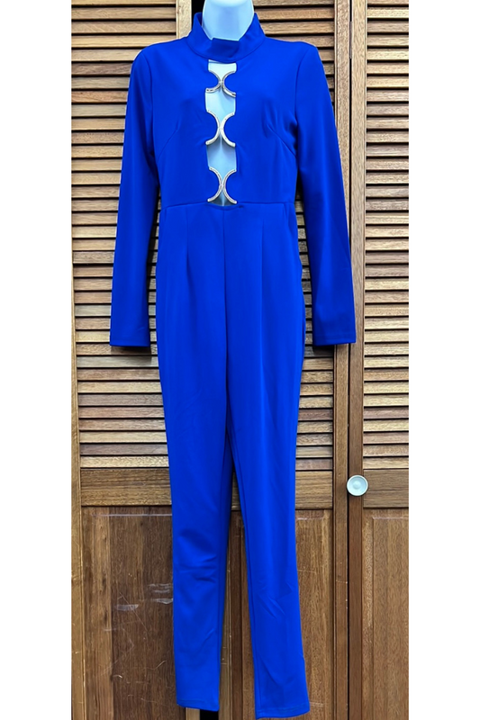 Blue pocket jumpsuit brass jeweled front