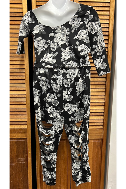 Cold shoulder jumpsuit blk floral slit leg