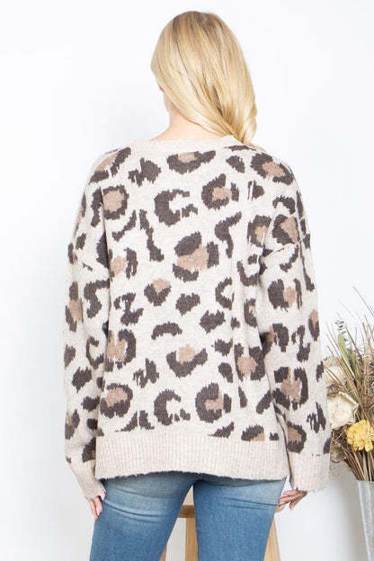 Tan Brown Animal Print Rib Sweater