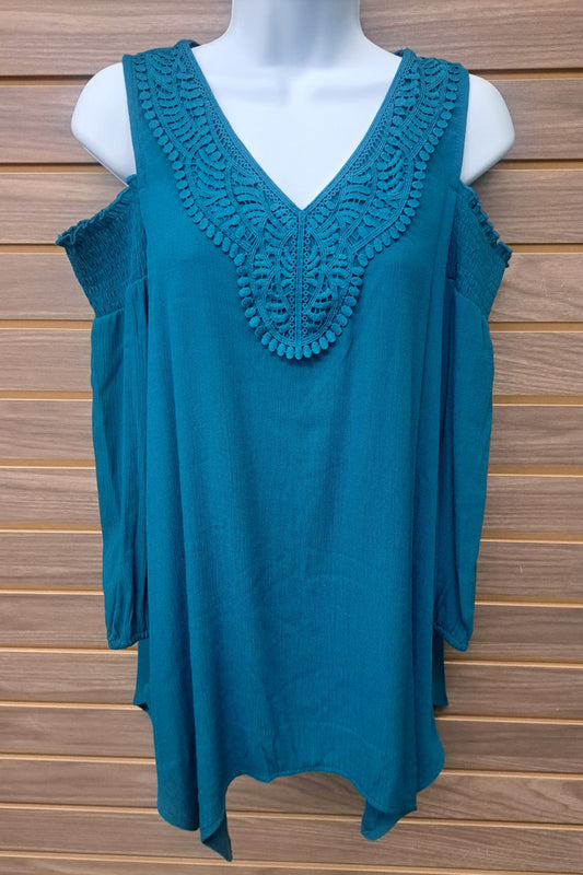 Teal Lace Cold Shoulder 3/4 Sleeve