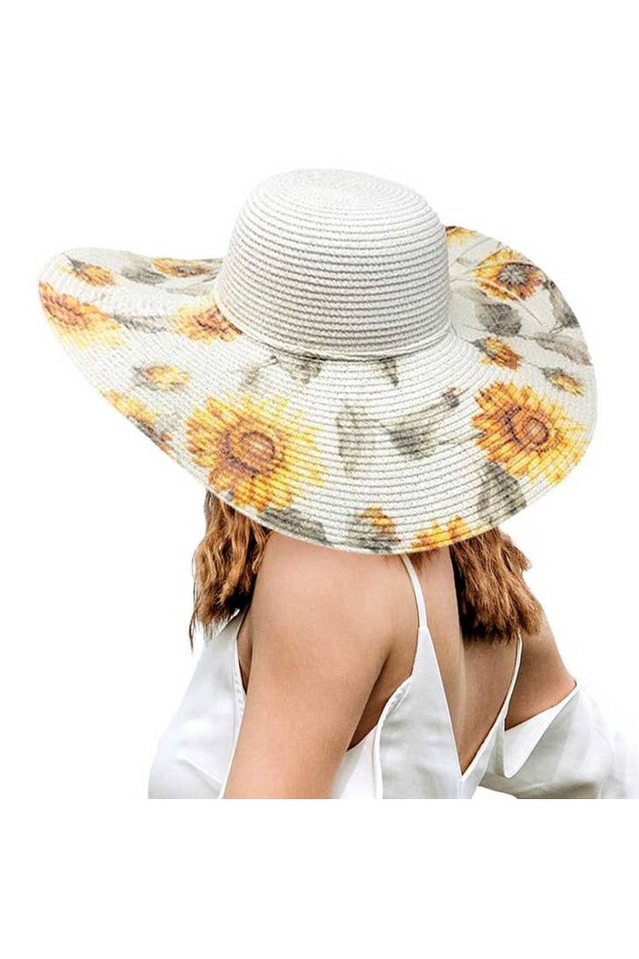 Sunflower Patterned Straw Floppy Sun Hat